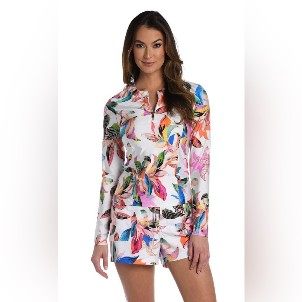 La Blanca Womens Long Sleeve Rashguard Swim Top Rash Guard Shirt, Multi Paradise
